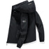 A black hooded windbreaker jacket for men with a partial zipper, a logo on the left sleeve, and lettering on the hood.