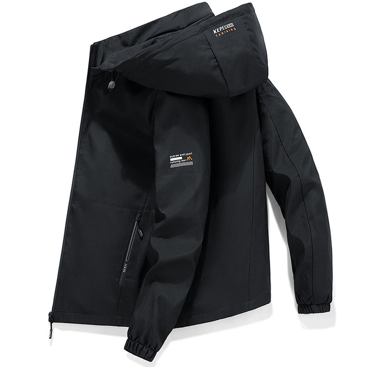 A black hooded windbreaker jacket for men with a partial zipper, a logo on the left sleeve, and lettering on the hood.