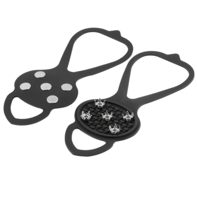 A pair of black rubber anti-slip ice grippers for shoes, one showing the top with embedded silver spikes and the other showing the underside.