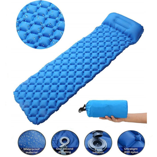 An ultralight inflatable sleeping pad, shown both inflated with its ergonomic cubed surface and deflated in its carrying bag.