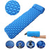 An ultralight inflatable sleeping pad, shown both inflated with its ergonomic cubed surface and deflated in its carrying bag.
