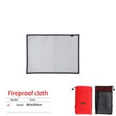 A rectangular piece of light gray fireproof cloth with a black border is shown on a white background. Below it is a table indicating "Fireproof cloth," "Model" (with a checkmark next to "Small"), and "Size" (with "Small 460x350mm"). To the right are two storage bags, one red and one black mesh.