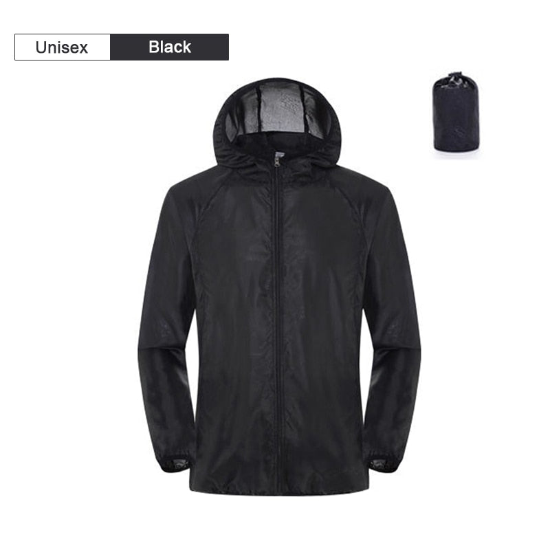  A black unisex lightweight waterproof windbreaker jacket with a hood is shown zipped up against a white background. A small stuff sack of the same black material is visible in the upper right corner. Text at the top indicates "Unisex" and "Black."