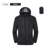  A black unisex lightweight waterproof windbreaker jacket with a hood is shown zipped up against a white background. A small stuff sack of the same black material is visible in the upper right corner. Text at the top indicates "Unisex" and "Black."
