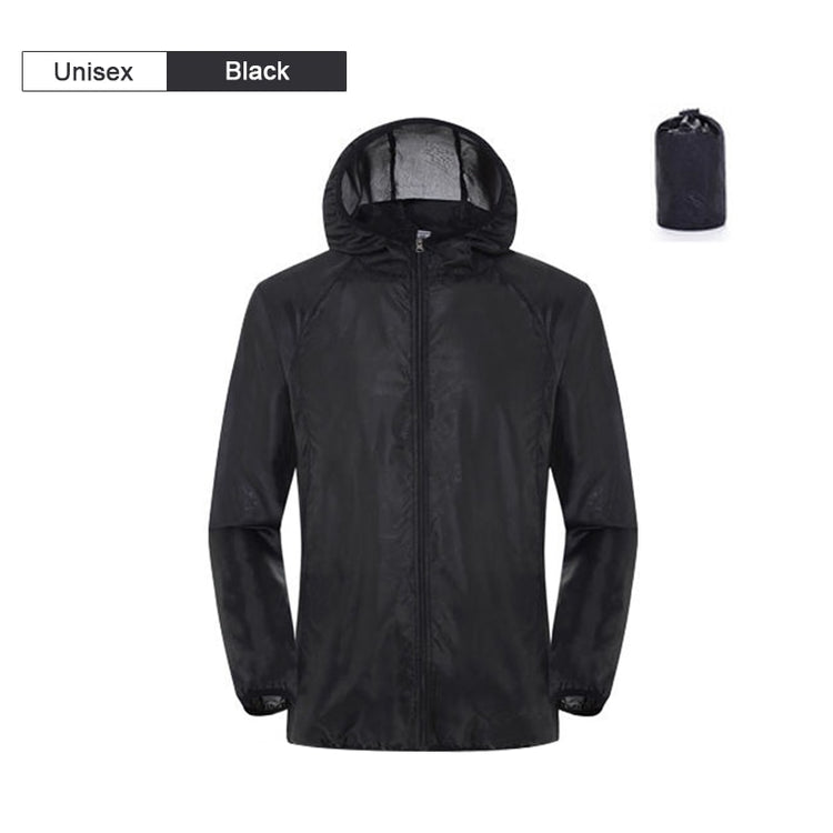  A black unisex lightweight waterproof windbreaker jacket with a hood is shown zipped up against a white background. A small stuff sack of the same black material is visible in the upper right corner. Text at the top indicates "Unisex" and "Black."