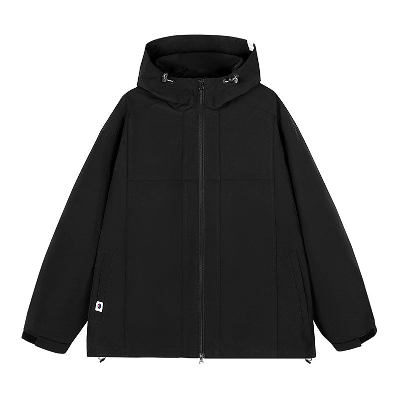 A black hooded outdoor jacket with multiple visible zipper pockets is shown against a white background. The jacket has a full front zipper closure and adjustable cuffs.