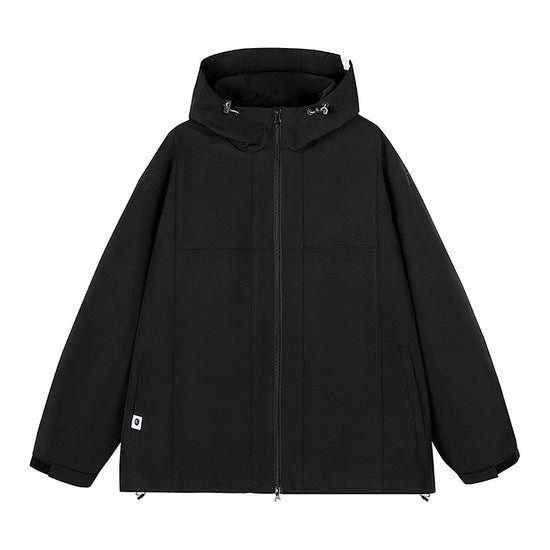 A black hooded outdoor jacket with multiple visible zipper pockets is shown against a white background. The jacket has a full front zipper closure and adjustable cuffs.