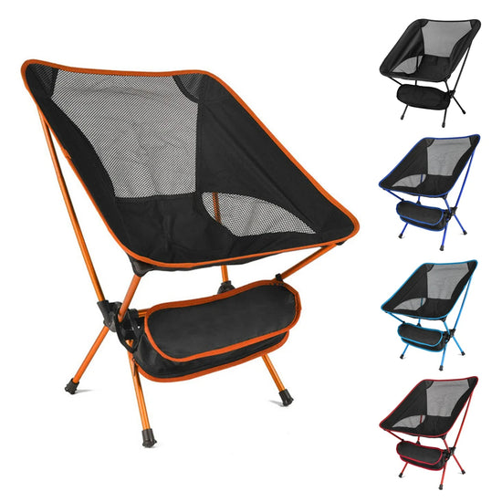 A black and blue ultralight folding camping chair is shown next to its matching black and blue zippered storage bag.