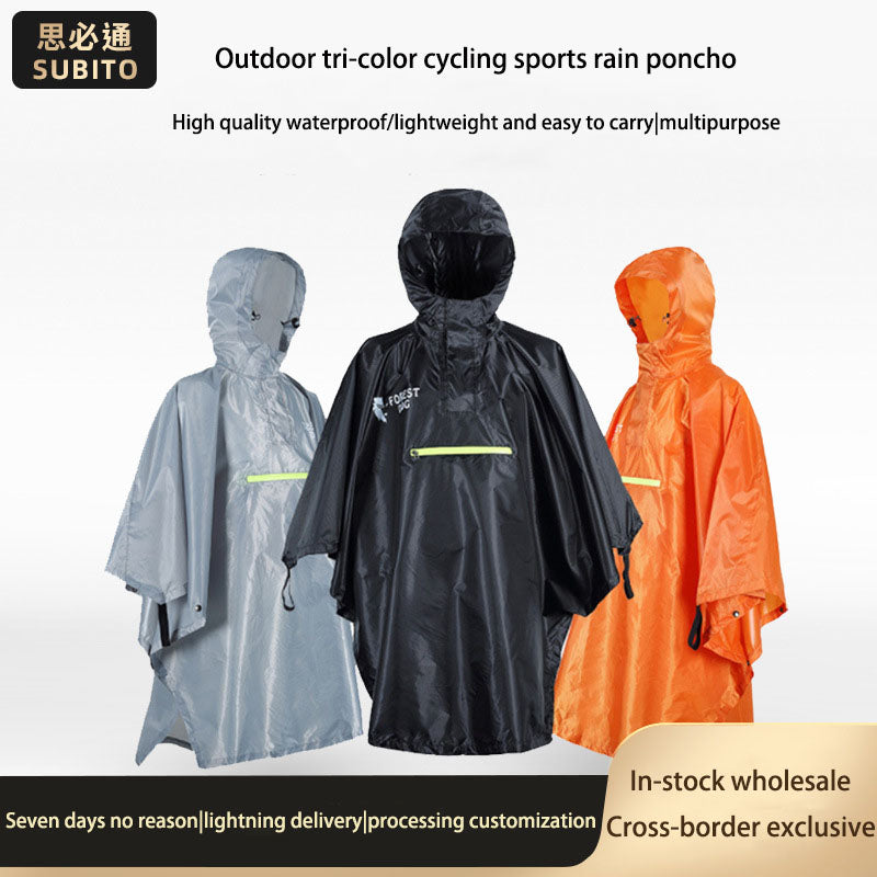 Three hooded rain ponchos in gray, black, and orange are displayed against a light background with text that reads "Outdoor tri-color cycling sports rain poncho" and highlights its waterproof, lightweight, easy-to-carry, and multipurpose features.
