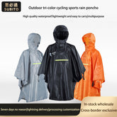 Three hooded rain ponchos in gray, black, and orange are displayed against a light background with text that reads "Outdoor tri-color cycling sports rain poncho" and highlights its waterproof, lightweight, easy-to-carry, and multipurpose features.