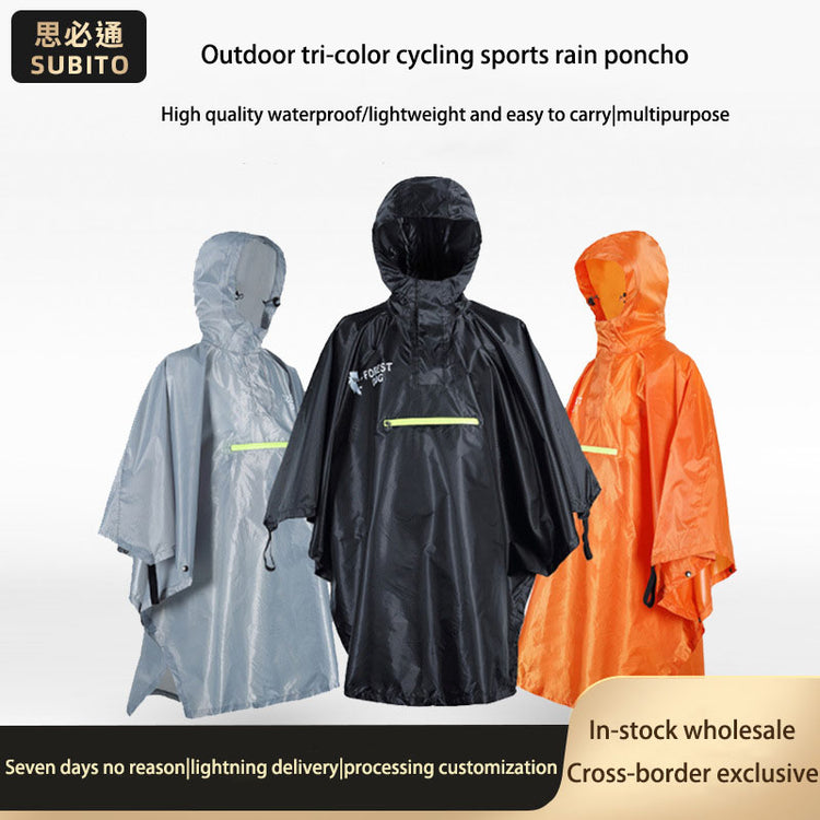 Three hooded rain ponchos in gray, black, and orange are displayed against a light background with text that reads "Outdoor tri-color cycling sports rain poncho" and highlights its waterproof, lightweight, easy-to-carry, and multipurpose features.