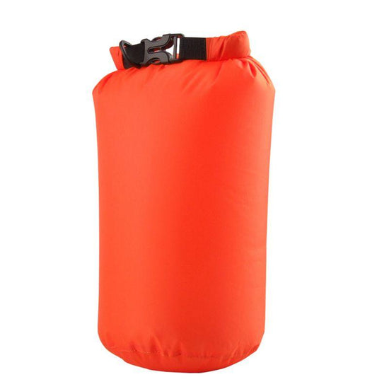 An 8L red waterproof dry bag, shown rolled closed and open, highlighting its roll-top closure and waterproof nylon material.