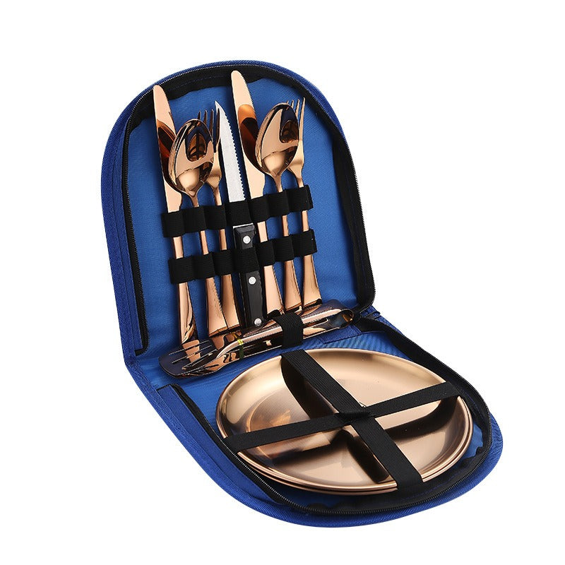 Lightweight Stainless Steel Camping Flatware Set with Dinner Plates & Portable Bag - Perfect for Outdoor Dining