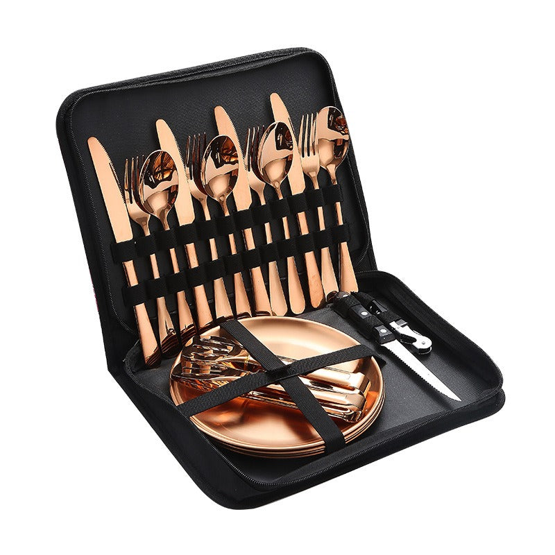 Lightweight Stainless Steel Camping Flatware Set with Dinner Plates & Portable Bag - Perfect for Outdoor Dining