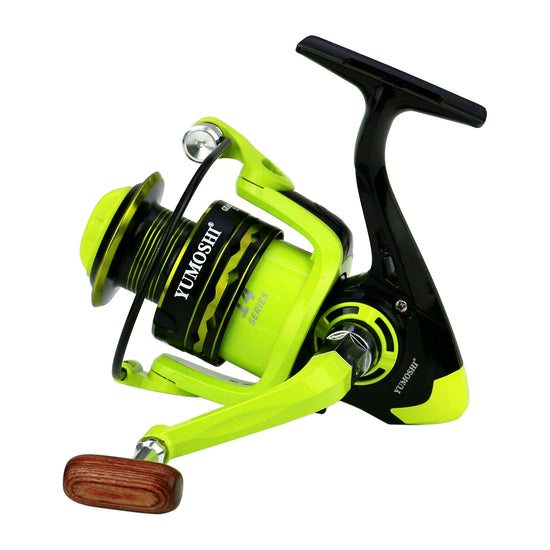 A vibrant green and black YUMOSHI OE series spinning fishing reel with a silver metal wire cup and a wooden handle knob. The label "YUMOSHI" and "OE Series" along with a model number possibly "OE3000" are visible on the reel body.