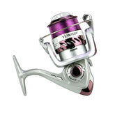 A silver and purple YUMOSHI YK Series spinning fishing reel with a purple fishing line spooled on the plastic head. The label "YUMOSHI" and "13 Series" are visible on the reel body.