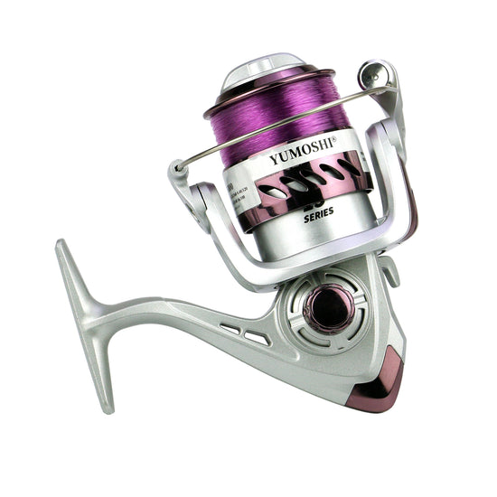 A silver and purple YUMOSHI YK Series spinning fishing reel with a purple fishing line spooled on the plastic head. The label "YUMOSHI" and "13 Series" are visible on the reel body.