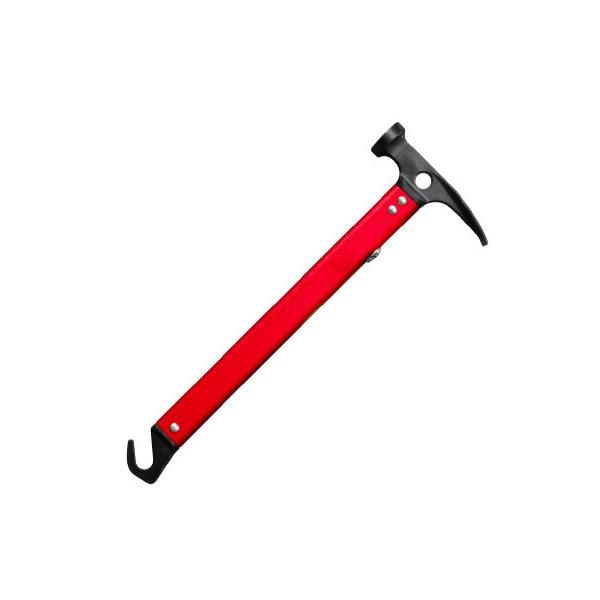 A red Shinetrip lightweight mountaineering hammer is angled against a white background. The hammer has a black head with a pick and a striking face, a red aluminum alloy handle, and a black hand strap at the bottom.
