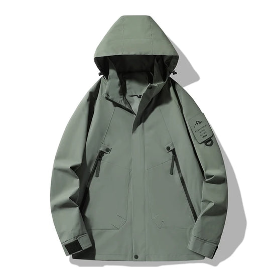  A black unisex waterproof windbreaker with a hood, a full front zipper, snap closures, and multiple visible zippered pockets is shown against a white background.
