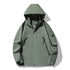  A black unisex waterproof windbreaker with a hood, a full front zipper, snap closures, and multiple visible zippered pockets is shown against a white background.