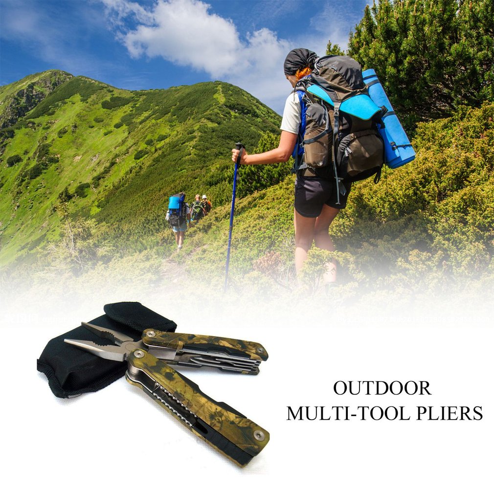  An open folding multitool with camouflage handles, pliers, a knife blade, a hook, and a saw blade is shown in the foreground. The background shows hikers with backpacks and trekking poles on a mountainous trail under a partly cloudy sky. Text reads "OUTDOOR MULTI-TOOL PLIERS