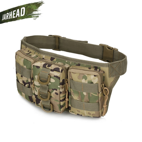 An olive green JARHEAD tactical waist pack with multiple zippered compartments and MOLLE webbing is shown against a white background. The waist strap is visible with a black buckle. A "JARHEAD" logo is visible in the upper left corner of the image.
