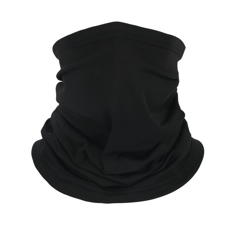 A black, gathered piece of Spandex/Lycra fabric shaped like a neck gaiter or multi-functional headwear.