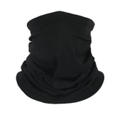 A black, gathered piece of Spandex/Lycra fabric shaped like a neck gaiter or multi-functional headwear.