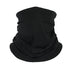 A black, gathered piece of Spandex/Lycra fabric shaped like a neck gaiter or multi-functional headwear.