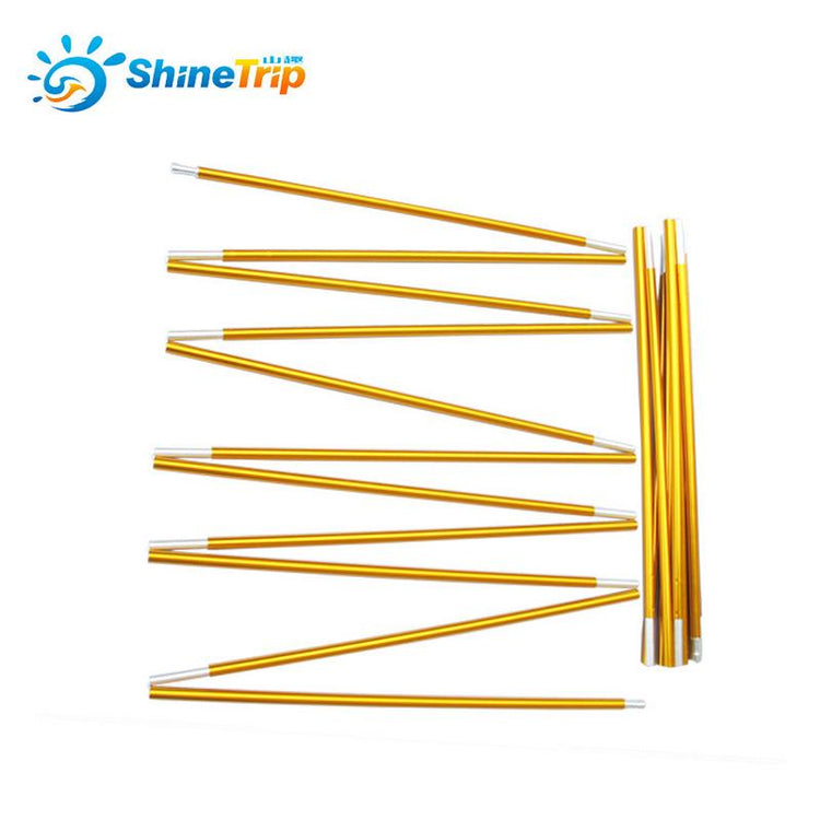 A set of multiple gold-colored aluminum tent pole sections with silver ferrules, arranged on a white background. The "ShineTrip" logo is visible in the upper left corner.