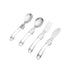 A four-piece stainless steel cutlery set with a folding knife, fork, and spoon, neatly arranged, showcasing its portability and stylish design.