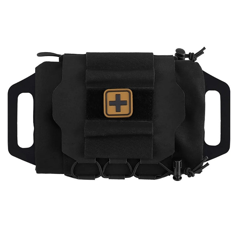 A black tactical first-aid pouch with MOLLE webbing and a Velcro patch featuring a tan medical cross is shown against a white background. The pouch has side loops for belt mounting and pull tabs for quick opening