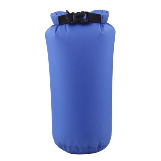 A light blue 8L waterproof dry bag with a black roll-top closure and buckle is shown upright against a white background.
