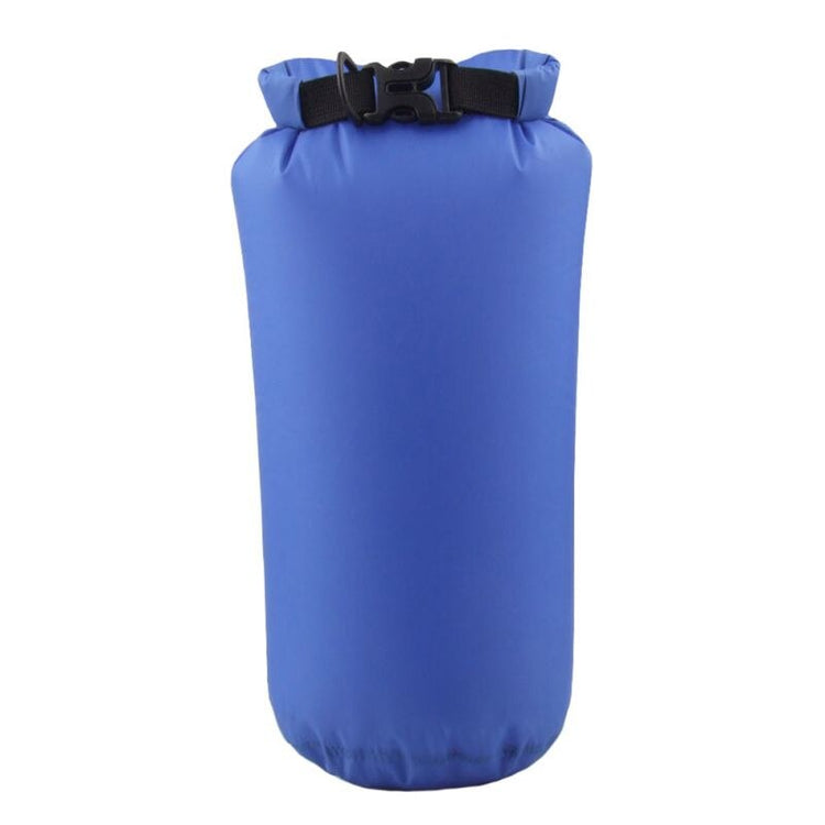 A light blue 8L waterproof dry bag with a black roll-top closure and buckle is shown upright against a white background.