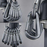 A collage of three images shows multiple silver D-ring carabiner clips attached to a larger silver carabiner. The carabiners are shown in various orientations, highlighting their shape and attachment mechanism.