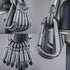 A collage of three images shows multiple silver D-ring carabiner clips attached to a larger silver carabiner. The carabiners are shown in various orientations, highlighting their shape and attachment mechanism.