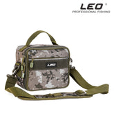 A small, camouflage-patterned square fishing bag with a top handle and an adjustable shoulder strap. The "LEO PROFESSIONAL FISHING" logo is visible at the top.