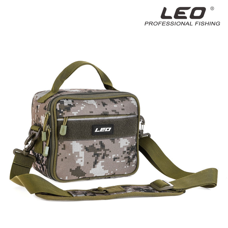 A small, camouflage-patterned square fishing bag with a top handle and an adjustable shoulder strap. The "LEO PROFESSIONAL FISHING" logo is visible at the top.