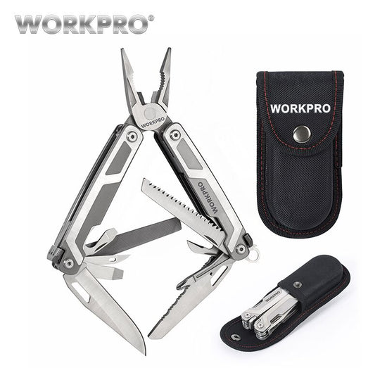 A WORKPRO 16-in-1 multifunctional plier, shown both folded and unfolded, highlighting its various tools and stainless steel construction.