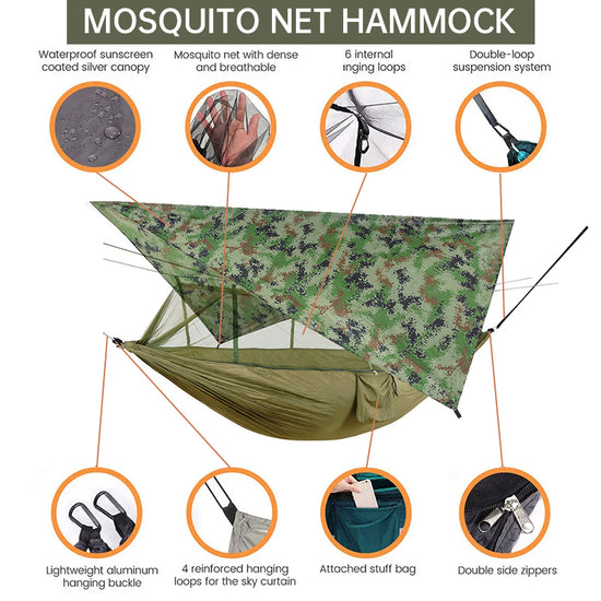 Double Camping Hammock with Mosquito Net & Rain Fly Tarp - Lightweight Parachute for Hiking & Travel