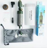 A disassembled Bonlex portable water filter kit is shown against a white background. The kit includes the main olive green filter straw with a cap and lanyard, a clear intake hose, a pre-filter attachment, a user manual in English and Chinese, a blue and white retail box, and a gray carrying pouch with the Bonlex Outdoor logo.