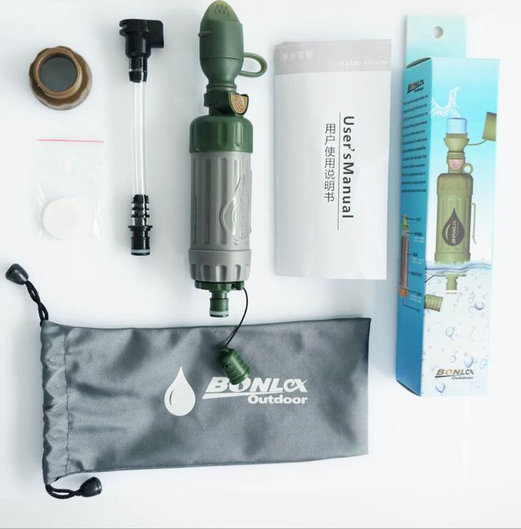 A disassembled Bonlex portable water filter kit is shown against a white background. The kit includes the main olive green filter straw with a cap and lanyard, a clear intake hose, a pre-filter attachment, a user manual in English and Chinese, a blue and white retail box, and a gray carrying pouch with the Bonlex Outdoor logo.