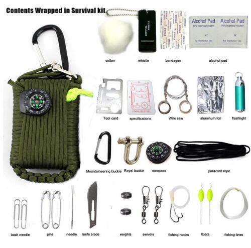 A green paracord pouch with a carabiner clip and a small compass attached is shown open, revealing various survival tools laid out beside it on a white background. The tools include a multi-tool card, flashlight, wire saw, fire starter, fishing gear, first-aid supplies, and more.