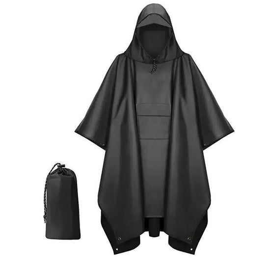 An olive green 3-in-1 waterproof hooded rain poncho is displayed fully spread out against a white background, along with a matching stuff sack to its left. The poncho has a drawstring hood, snap closures along the sides, and grommets along the hem.
