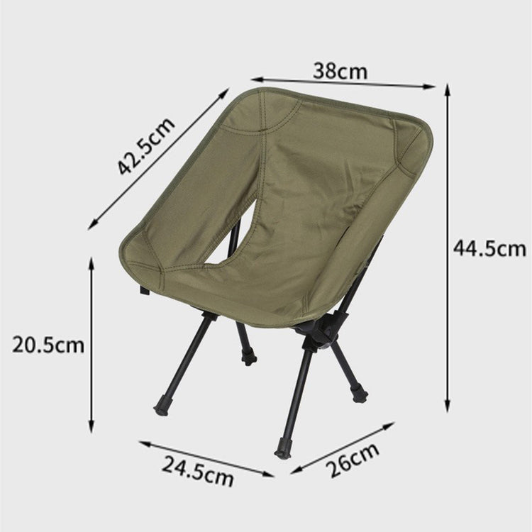 An olive green ultralight folding camping chair is shown at a slight angle against a light gray background, with dimension lines indicating its approximate size.