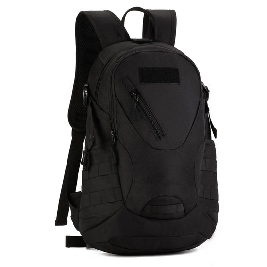 A black 20L military-style backpack with multiple zippered pockets and adjustable shoulder straps.