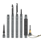 Several disassembled sections of a silver and black folding hiking stick are shown against a white background. The sections include a pointed tip, segmented shaft, a handle with a screwdriver bit attachment, and various screwdriver bits.
