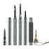 Several disassembled sections of a silver and black folding hiking stick are shown against a white background. The sections include a pointed tip, segmented shaft, a handle with a screwdriver bit attachment, and various screwdriver bits.
