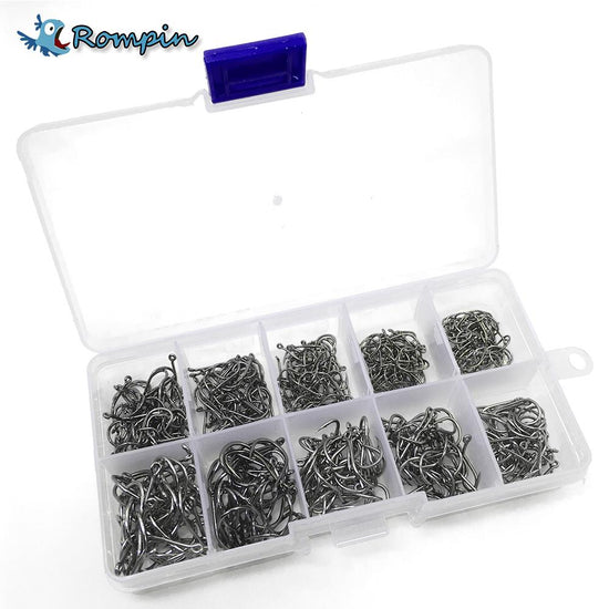 A clear plastic box with a blue latch, containing 10 compartments filled with numerous silver fishing hooks of varying sizes. The "Rompin" logo is visible in the upper left corner.
