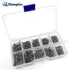 A clear plastic box with a blue latch, containing 10 compartments filled with numerous silver fishing hooks of varying sizes. The "Rompin" logo is visible in the upper left corner.